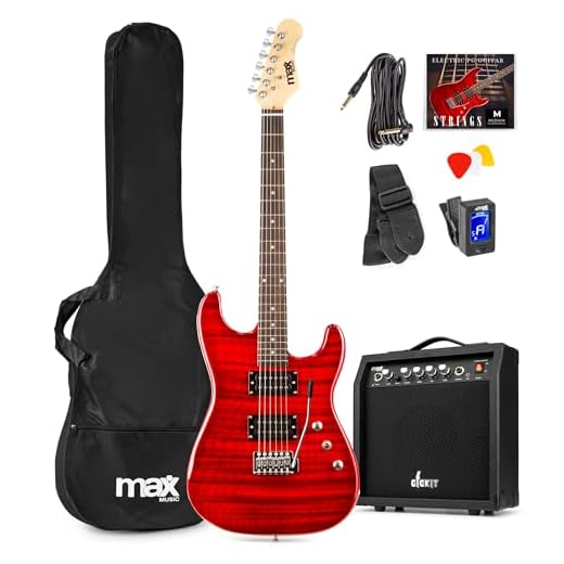Max GigKit Pack de guitarra electrica Quilted para principiantes con amplificador de guitarra de 40W, afinador digital, correa, funda y juego de cuerdas de repuesto - Color rojo oscuro