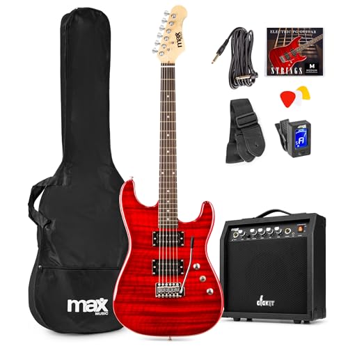 Max GigKit Pack de guitarra electrica Quilted para principiantes con amplificador de guitarra de 40W, afinador digital, correa, funda y juego de cuerdas de repuesto - Color rojo oscuro