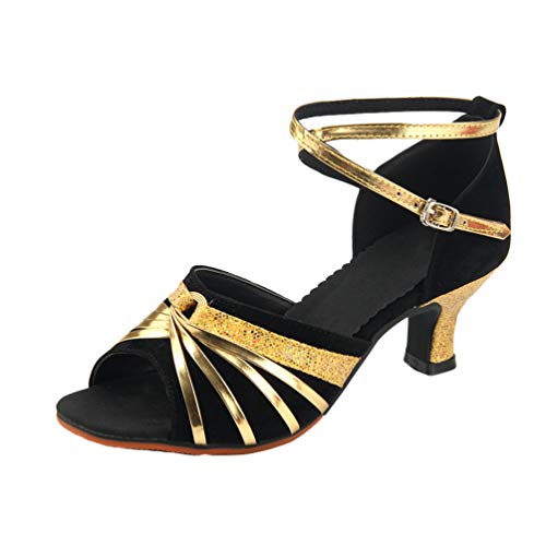 Baijiaye Chaussures de Danse Latine Femmes Ballroom Tango Salle de Bal Chaussures de Danse Salsa Sandale Talon Moyen 5CM Or Noir 38 Cover