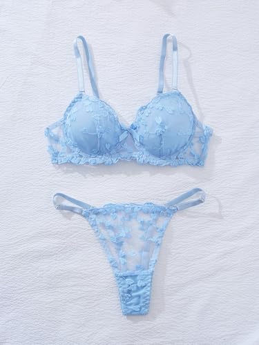 Image of Sexy Floral Embroidered Flower Mesh Underwire Push Up Lingerie Set