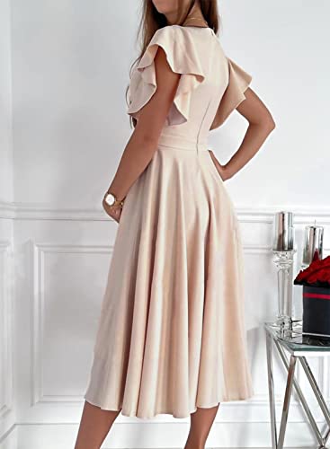 Dokotoo Womens V Neck Elegant Party Dress Short Sleeve Skater Dress Formal Wedding Guest Dress Apricot S thumb #1
