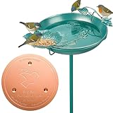 Mellbree Stehende Vogeltränke mit Reinigender Kupferplatte, seeblaues Metall-Vogelbad mit Goldener Dekor-Kupferplatte, Ästhetisch & langlebig und lockt zahlreiche Vogelarten an.