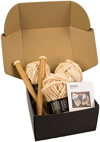 Chunky Knit Blanket DIY Kit, Super Soft Thick Yarn, Large Wood Knitting Needles US 50 (Ivory)
