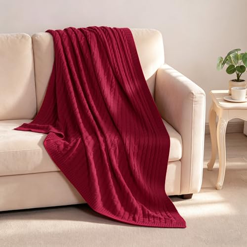 NTBAY 100% Pure Cotton Cable Knit Throw Blanket, Super Soft Warm 51x67 Knitted Throw Blanket for Couch, Sofa, Chair, Bed - Extra Cozy, Machine Washable, Comfortable Home Decor, Red
