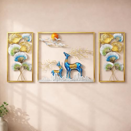 Image of iHandikart 3 Piece Metal Wall Art Deer & Ginkgo Leaf Design | 3 Panel Wall Decor for Living Room | Modern Forest Theme Metal Wall Hanging for Home, Bedroom & Hall | Deer Wall Art Set | 52x25 Inch