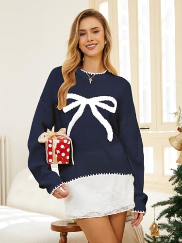 Image of Milumia Women's Bow Print Drop Shoulder Long Sleeve Sweater Crew Neck Knit Fall Tops
