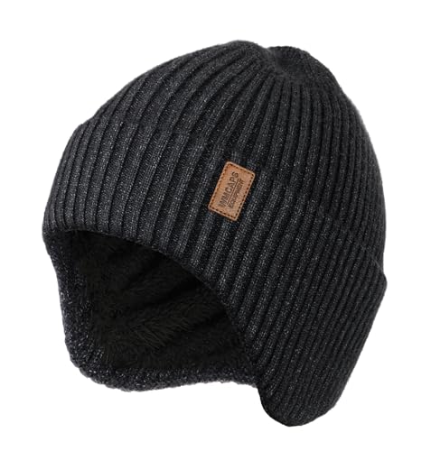 Wmcaps Wintermütze Herren Fleece Gepolsterte Strickmütze mit Ohrenschützern, Bequeme Weiche Winddichte Warme Mütze für Outdoor-Aktivitäten Kaltes Wetter Geschenk für Männer Frauen, Dunkelgrau