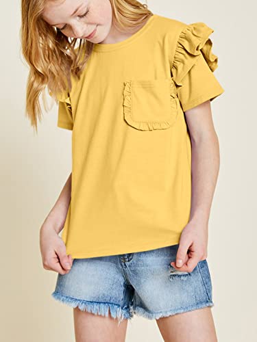 Kingdenergy Girls Summer Cute T Shirt Short Ruffle Sleeve Basic Soft Casual Plain Tunic Tops Tees Yellow #TOP2