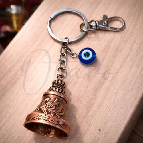 Image of OTTAVO Premium Guardian Bell Keychain for Bike & Car | Tibetan Texture Bell Keychain with Evil Eye & Silver Hook | Good Luck Charm with Laser-Engraved Wooden Gift Box