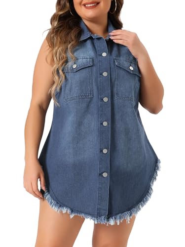 Agnes Orinda Women's Plus Size Button Up Frayed Hem Shacket Sleeveless Denim Jean Jacket Vest2