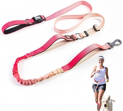 Heavy Duty Hands Free Dog Leash, 5-7 FT Reflective Adjustable Waist Dog Leash Belt with Padded Handles, Shock Absorbing Bungee and Car Seat Belt for Large Medium Dogs (Gradient Rose, XL)