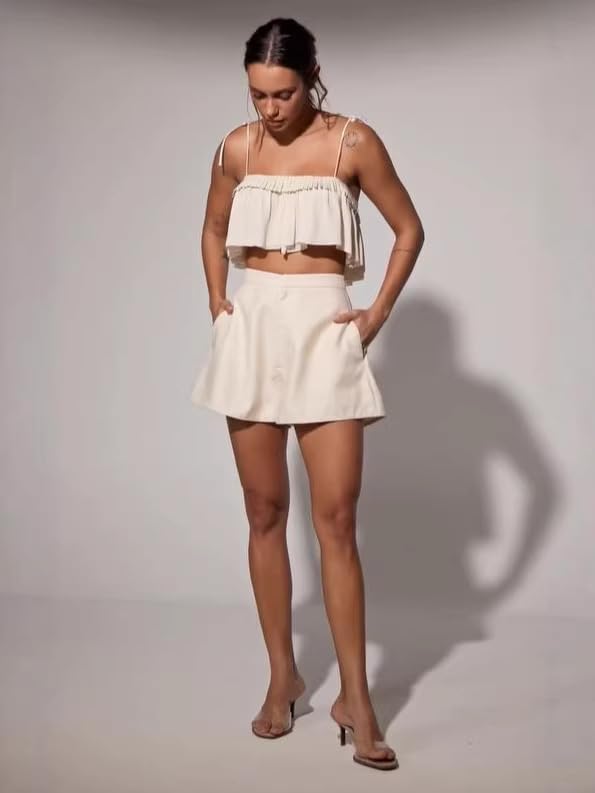 THLAI Womens Casual Two Piece Ruffle Trim Cami Crop Top & High Waisted Pocket Shorts Set Vacation Outfit