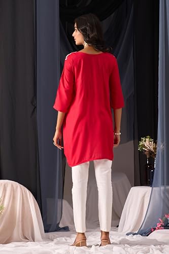 Image of Sidhidata Rayon Floral Embroidered Short Kurti | Short Anarkali Kurti for Girls | Women's Casual Sleeveless Printed Top | Tops for Women (Kurti Myra)