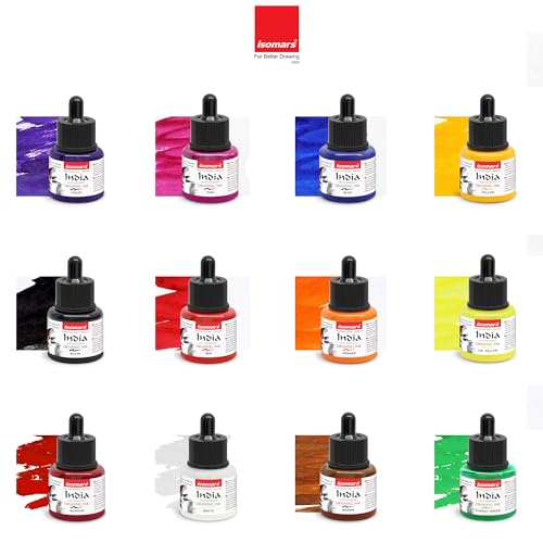 Image of Isomars Waterproof Drawing Ink Set of 12 - 35ml Each (with Dropper) | Suitable for Calligraphy, Art, Technical Drawing, Airbrush Art, Illustration | Fade-Resistant & Quick-Drying