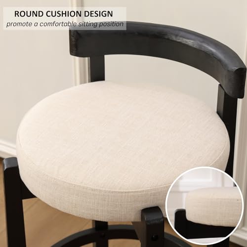 Image of CIMOTA 26.5 inch Counter Height Bar Stools Set of 2 | Mid Century Modern Low Back Bar Chairs with Black Wood Legs & Linen Upholstered Seat, Kitchen Island Stools, Beige