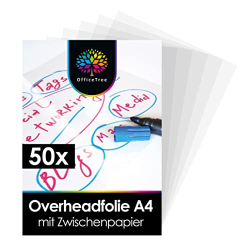 OfficeTree 50 x Overheadfolie A4 - OHP Folien glasklar - Folie für Laserdrucker - Overheadfolien auch als Kopierfolie, Projektorfolie oder Drucker Folie geeignet