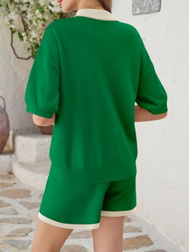 Image of Tankaneo Womens 2 Piece Short Sets Short Sleeve Knit Tops Vacation Outfits | Sweater Fabric, 2026 Summer, Collared, Matching Lounge Set