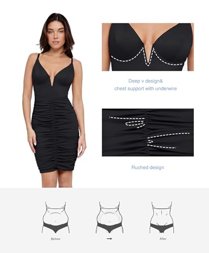 Image of Popilush Corset Midi Dress for Women, Built-in Bra Shapewear Ruched Dress | Adjustable Straps, Tummy Control, Deep V Neck, Cocktail Parties