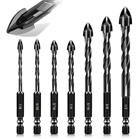 7 Pcs Masonry Drill Bits, Concrete Drill Bit Set Tungsten Carbide Tip Work with Concrete, Stone, Carbide Drill Bit Set for Glass, Brick, Tile, Plastic, Ceramic and Wood Size 1/8 to 1/2 inch Cover