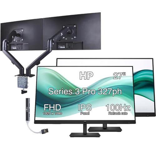 Image of HP Series 3 Pro 327ph 27 inch FHD IPS, Anti-Glare, Flicker Free Monitor 2-Pack | 5ms RT, Built-in 2x2W Speakers, Height Adjustable, VESA Mount (100mm), HDMI (B0CG8UT#ABA)w /DKZ Hub & ErgoFlexy Dual Mount Arm