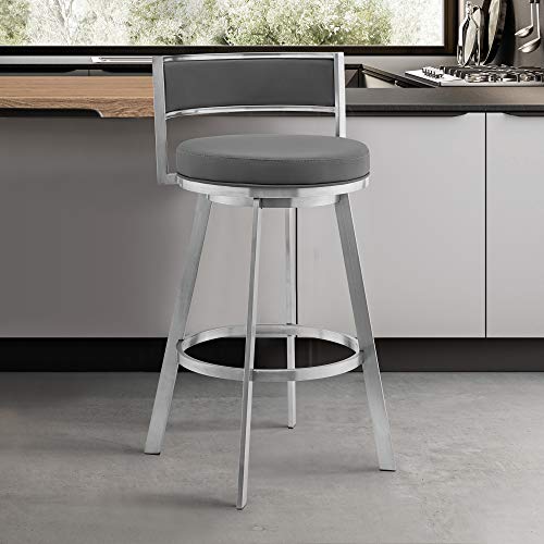 Armen Living Roman 26" Butaco Giratorio con Cuero Sintético Gris y Estructura de Acero Inoxidable Cepillado miniatura 2