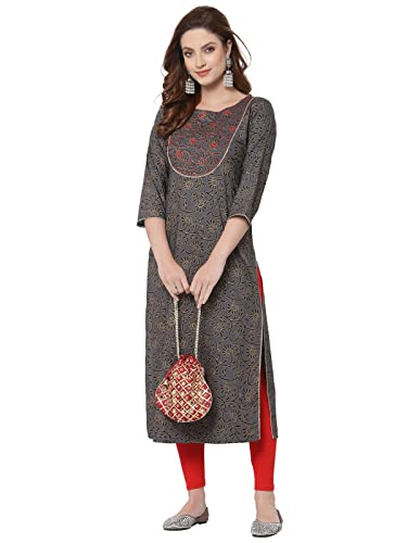 Image of Women Rayon Black Embroidery Printed Straight Kurti