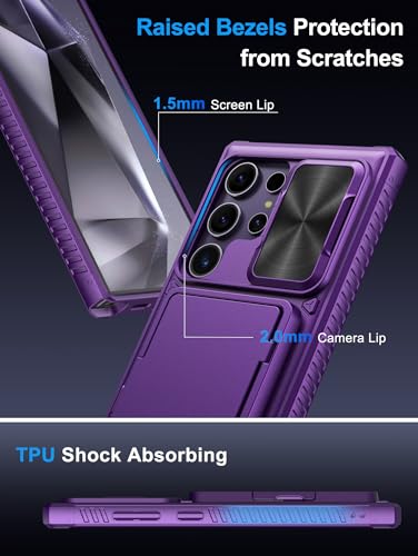 Image of Vihibii for Samsung Galaxy S24 Ultra Back Cover with Card Holder (4 Cards) & Slide Camera Cover & Kickstand, Shockproof Rugged Hard Back & TPU Soft Edge Case for Galaxy S24 Ultra, Dark Purple