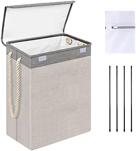 POBOMVOM 60L Laundry Basket with Lid, Hampers for Laundry with Rope Handles Waterproof Lining Detachable Brackets Dirty Clothes Hamper for Bedroom, Bathroom Dorm Organization (19 inches, Light Grey)