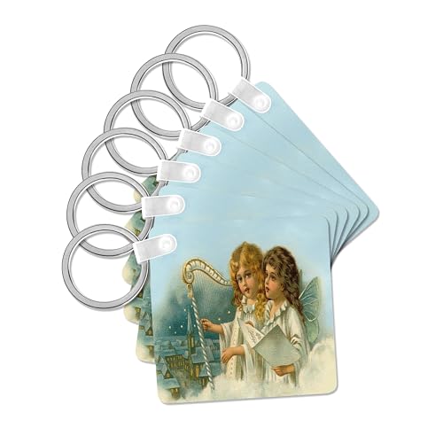 3dRose, Cartoon Angels Singing and Playing the Harp Overlooking the Town, set of 6 Key Chains