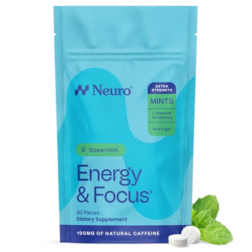 Neuro Energy & Focus Mints Extra Strength - Sugar Free Breath Mints with 100mg Natural Caffeine B Vitamins & L-Theanine - Vegan Brain Supplement for Exercise Study & Daily Focus - Spearmint 90 ct