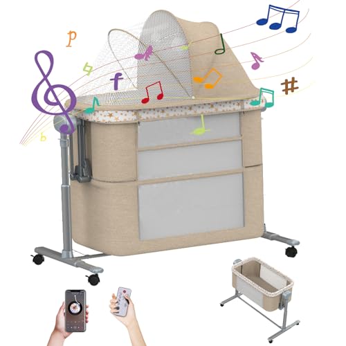 Image of Electric Rocking Bassinet for Baby, 6-and-1 Baby Basinets Bedside Sleeper with Wheels, Automatic Bedside Bassinet with Remote Control, Baby Crib in Bed Newborn with 5 Height Adjustable, 3-Speed Swing