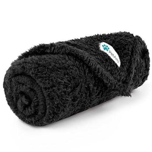 Image of PetAmi Fluffy Dog Blanket for Small Medium Dog, Pet Blanket for Bed, Sherpa Furniture Couch Cover Protector, Soft Fleece Cat Sofa Throw, Shag Plush Reversible Washable for Puppy Kitten, Black 24x32