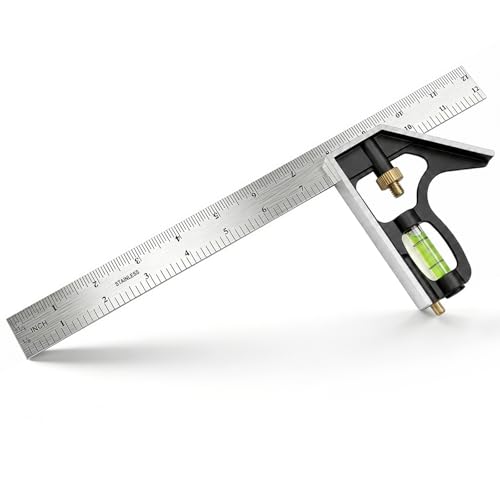 Micymedo 12 Inch Combination Square Adjustable Carpenter Square with Stainless Steel Ruler and Aluminum Head Metric and Inch Scale Bubble Level and Scriber 90 and 45 Degree Combo Layout Tool