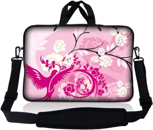 Laptop Skin Shop 8-10.2 inch Neoprene Laptop Sleeve Bag Carrying Case with Handle and Adjustable Shoulder Strap - Pink White Roses Bird Floral