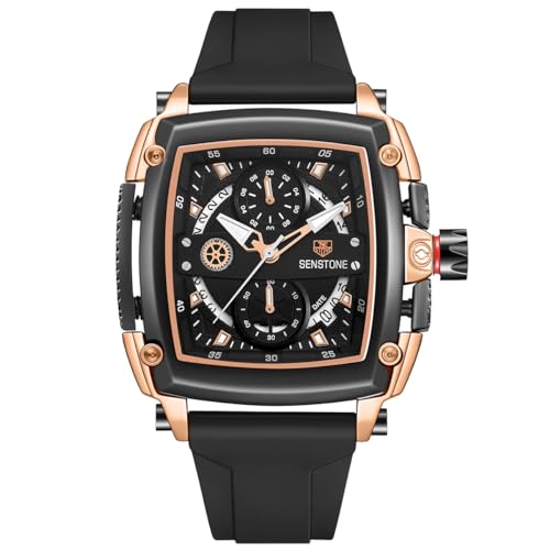 senstone Mens Watch Square Fashion Sports Multifunction Chronograph Quartz Analog Wristwatch Gift for Men Rubber Band Silicone Strap Watches - Rose Gold