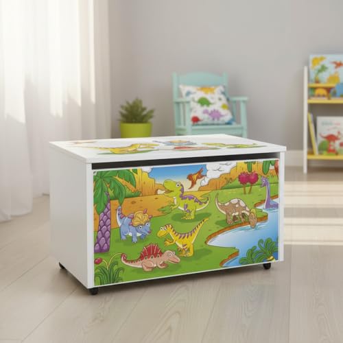 Leomark große Holzspielzeugkiste auf Rädern, Sitzbank mit Stauraum, Spielzeugkiste mit Deckel, Kinderbank – Truhenbank für Kinder, weiße Aufbewahrungsbox 91L, Maße: 71cm x40,5cm x45cm (Dino) - 2