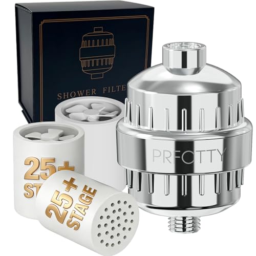 Image of 25-Stage Hard Water Shower Filter with Enhanced KDF55,High Output Filtered Shower Head with 3 Replacement Cartridges,Removes Chlorine,Fluoride & Sediment,Universal Polished Chrome Bathroom Showerhead | Built-in grease drip tray Anti-slip bottom design Easy to clean fold Food-grade durable