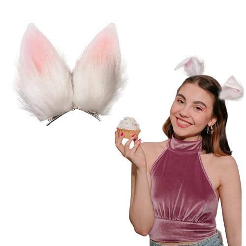 AWOCAN 2PCS Easter Bunny Ear Hair Clip for Women Bunny Headband Halloween Easter Rabbit Costume Accessories Party Supplies (white+pink)