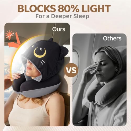 Image of Mewaii Travel Neck Pillow, Airplane Pillow with Hood, Memory Foam, Gray | Neck Support, Reversible, Adjustable Strap, Washable Cover, Cat-Ear Hood, Storage Bag, for Flights, Adults & Teens