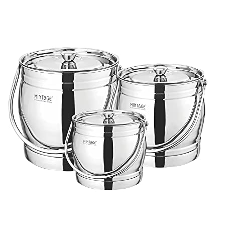 Image of Mintage Milk Barni 2.5+5+8 litres Set of 3 | Oil Can | Heavy Body | Pot Ghee Container | Stainless Steel with Lid | Storage Dolchi