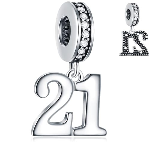 Image of 21st Birthday Dangle Charms fits Pandora Graduation Bracelet, 925 Sterling Silver 21 Anniversary Pendant Beads with Birthstones, Milestones Number 21 Years Gifts for Wedding/Wife