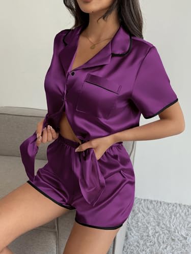 Image of Ekouaer Womens Satin Pajamas Set 2 piece Silky Buttton Down Short Pjs | Silk Notch Collar Top and Soft Shorts Lounge Set for Sleep, Daily Wear, Home, Wedding, Party