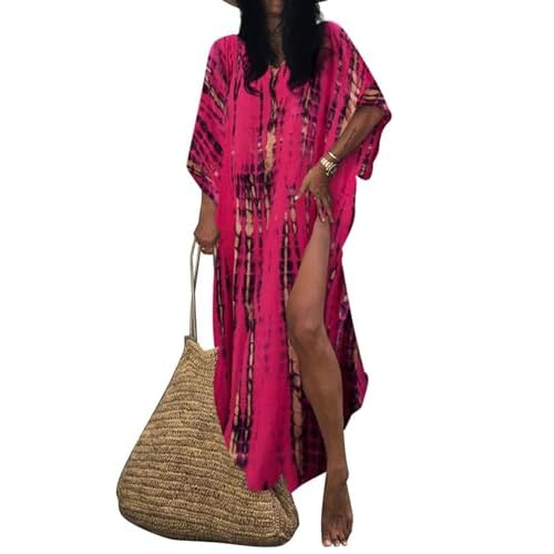 Bsubseach Kaftan Dresses for Women 2025 Plus Size Swimsuit Cover Up Tie Dye Caftan Maxi Dress Loungewear C-rose One Size
