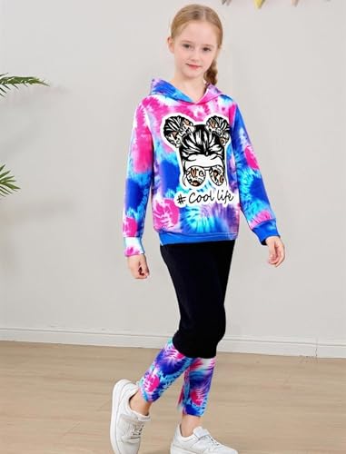 Image of Girls 2 Pcs Fall Winter Tie Dye & Leggings Outfits For Teens 5-14 | 2026 Girls Fashion Trendy, Long Sleeve Hoodie, Cool Life Print, Patchwork Pants, Back to School Holiday Tracksuit