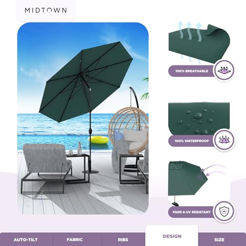Image of Midtown Umbrellas - 10-Year-No-Fade 6 Ft Patio Umbrella with Terylast Fabric, Auto-Tilt Aluminum Frame and 8 Reinforced Ribs for Deck, Pool, Garden & Beach - Forest Green Canopy, Black Pole