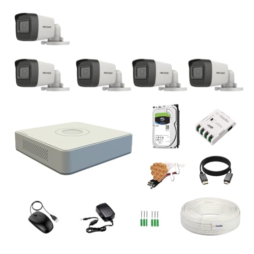 Image of HIKVISION 8 Channel DVR with 5MP 5 Bullet Cameras with Audio Recording (Day /Night Vision) + 2TB HDD + Cable Roll (1+3) 8 CH Power Supply + BNC & DC Full Combo Kit