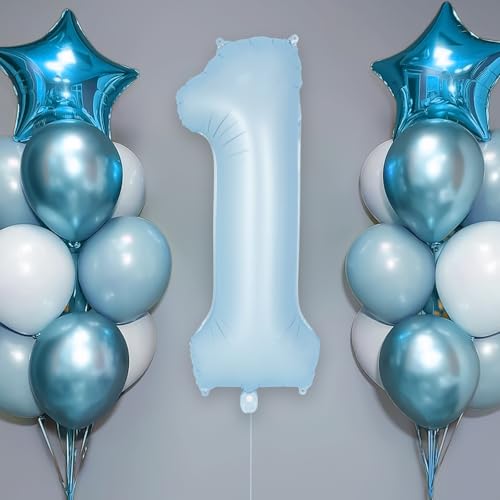 Image of Light Blue Number 1 Balloon, 40 Inch Big Large Foil Number Balloons, Giant Mylar Number 1 Balloons for 1st First Birthday Baby Party Decorations Supplies Anniversary