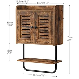 HOOBRO Medicine Cabinet, Double Doors Bathroom Wall Cabinet with Towel Bar, Adjustable Shelf, 2 Hooks, Over The Toilet Storage Cabinet, for Bedroom, Kitchen, Rustic Brown BF46CW01 HOOBRO Medicine Cabinet Double Doors Bathroom Wall Cabinet with Towel Bar Adjustable Shelf 2 Hooks Over The Toilet Storage Cabinet for Bedroom Kitchen Rustic Brown BF46CW01