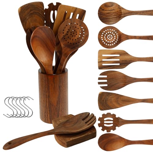 Wooden Utensil Set with Spoon Rest Natural Teak Wooden Spoons for Cooking, Comfort Grip Cooking Spoons and Utensils Holder, 9 Piece Kitchen Utensils with 7 Metal Hooks (9 Piece Set with 7 Hooks)