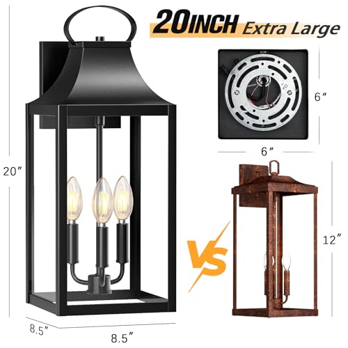 20" Extra Large Outdoor Wall Light, Black Exterior Lighting Fixtures with 3-Light, Waterproof Wall Mount Porch Lantern, Modern Outside Wall Sconce Garage Coach Light with Clear Glass, E12, 1 Pack by MYHXQ - Image 6